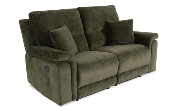 Renegade Green 75'' power reclining loveseat in green polyester fabric with plush pillows, padded pillow-top arms, USB port, and transitional style.