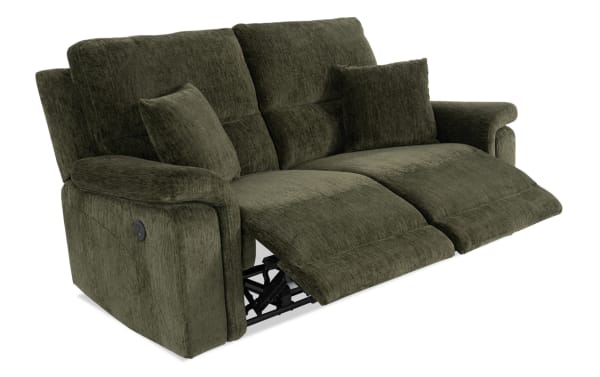 Renegade Green 75'' power reclining loveseat in green polyester fabric with plush pillows, padded pillow-top arms, USB charging port, and transitional style.