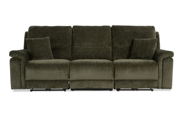Renegade Green 103'' power reclining sofa in plush green polyester fabric with armless chair, padded pillow top arms, accent pillows, and built-in USB ports.
