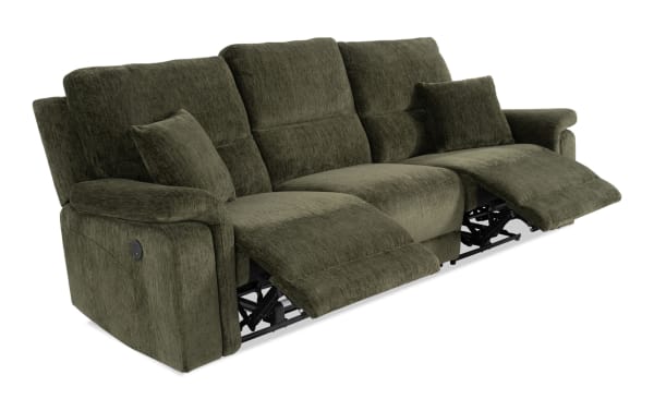Renegade Green 103'' power reclining sofa in plush green polyester fabric with padded pillow arms, accent pillows, USB charging port, and transitional style.