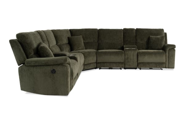 Renegade Green 145'' power reclining 7-piece sectional in green polyester fabric, transitional style with plush pillows, padded arms, USB ports, and storage console.