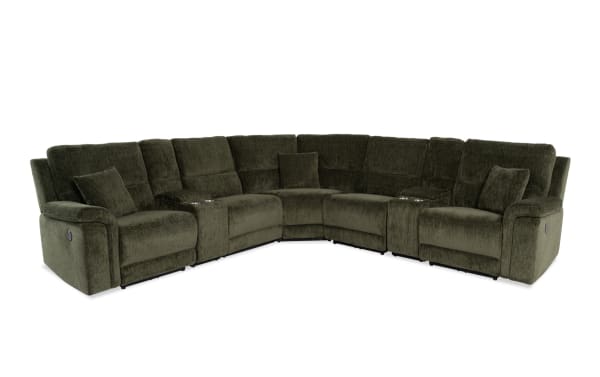 Renegade Green 145'' transitional 7-piece sectional in green polyester fabric with power recline, USB ports, plush pillows, cupholders, and hidden storage.