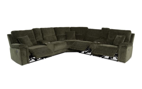 Renegade Green 145'' power reclining 7-piece sectional in green polyester fabric, transitional style with plush pillows, padded arms, USB ports, and storage console.