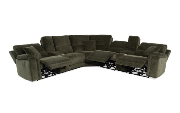 Renegade Green 145'' Power Reclining 7 Piece Sectional in green polyester fabric with plush pillows, padded arms, USB ports, cupholders, and hidden storage.