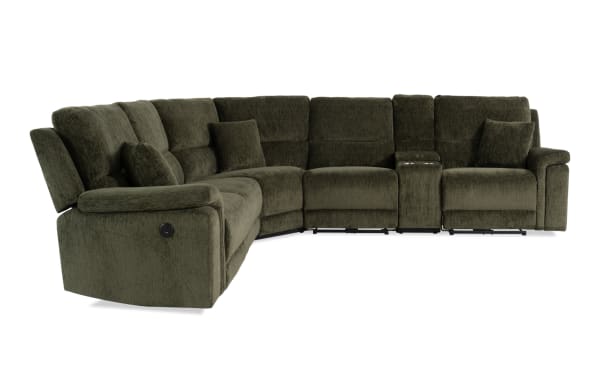 Renegade Green 125'' power reclining 6-piece sectional in green polyester fabric with plush pillows, padded arms, USB ports, cupholders, and hidden storage.