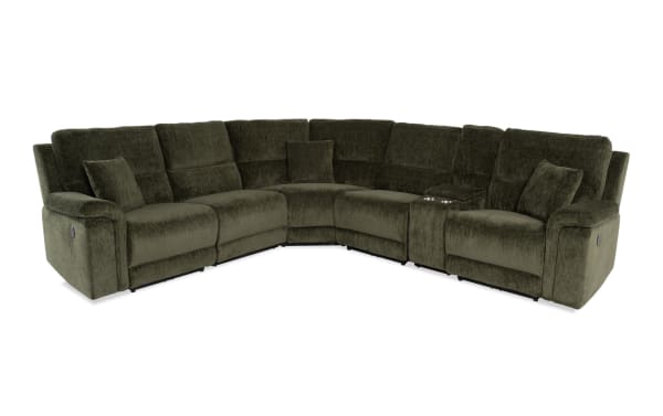 Renegade Green 125'' power reclining 6-piece sectional in green polyester fabric with plush pillows, padded arms, USB ports, cupholders, and hidden storage.