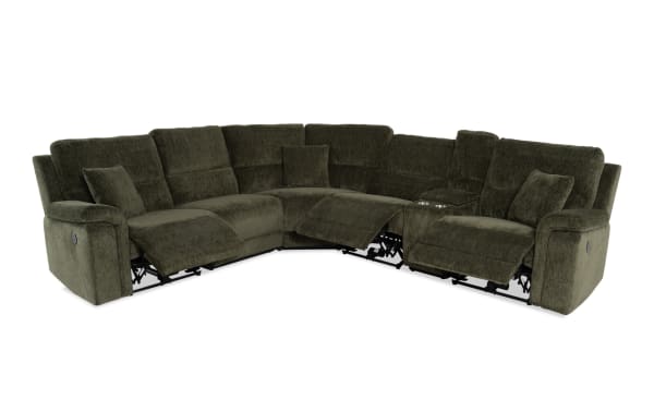 Renegade Green 125'' Power Reclining 6 Piece Sectional in green polyester fabric with plush pillows, padded arms, USB ports, cupholders, and hidden storage.