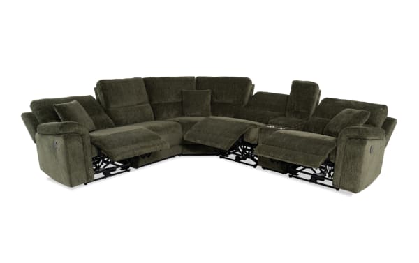 Renegade Green 125'' transitional 6-piece sectional with green polyester fabric, power reclining seats, USB ports, cupholders, and hidden storage.
