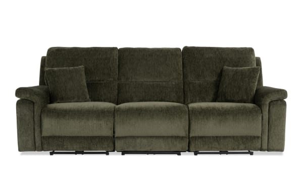 Renegade Green 103'' power reclining sofa in green polyester fabric with armless recliner, padded pillow-top arms, plush pillows, and built-in USB ports.