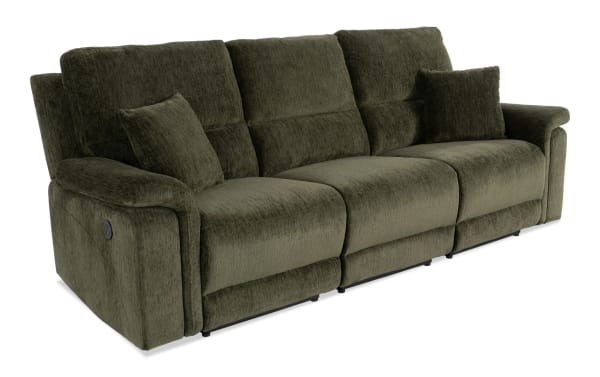 Renegade Green 103'' transitional power reclining sofa in green polyester fabric, featuring padded pillow-top arms, plush accent pillows, armless recliner, and built-in USB ports for device charging.