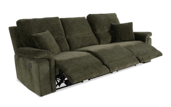 Renegade Green 103'' Power Reclining Sofa with armless recliner and USB port, green polyester fabric, transitional style, plush pillows, padded arms.