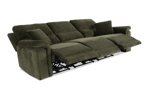 Renegade Green 103'' power reclining sofa in green polyester fabric with armless recliner, padded pillow arms, plush pillows, and built-in USB port.