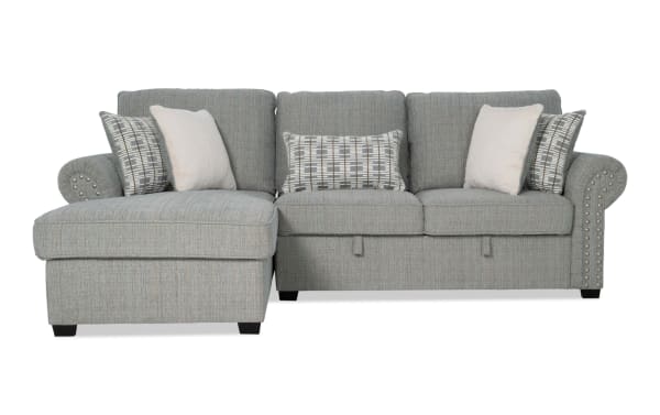Playlist Max Spa Blue 97'' 2-piece left-arm chaise sectional in light blue polyester fabric, traditional style with accent pillows and built-in USB/USB-C ports.