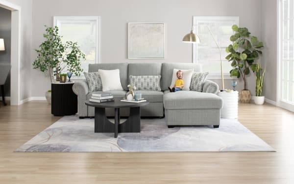 Light blue Playlist Max Spa 97" 2-piece left-arm chaise sectional with polyester fabric, traditional style, accent pillows, memory foam, and built-in USB/USB-C ports.