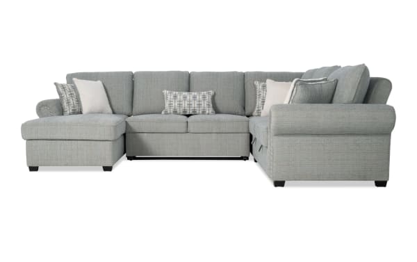Playlist Max Spa Blue 126" 4-piece left-arm facing pop-up sleeper chaise sectional in light blue polyester fabric, traditional style with storage loveseat and built-in USB/USB-C ports.
