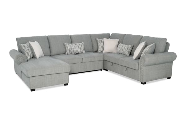 Playlist Max Spa Blue 126'' 4-piece left arm facing pop-up sleeper chaise sectional in light blue polyester fabric with storage loveseat, accent pillows, and built-in USB/USB-C ports, featuring traditional style and Bob-O-Pedic memory foam for comfort.