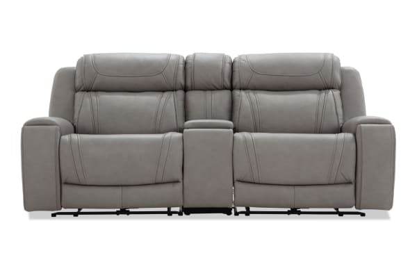 Dynamic Gray Leather 93'' Bluetooth Audio Power Reclining Console Loveseat in gray leather, transitional style, with power headrests, reclining seats, storage console, wireless charging, USB/USB-C ports, and built-in cup holders.