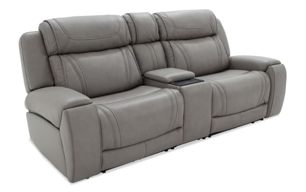 Dynamic Gray Leather 93'' Transitional Power Reclining Console Loveseat with Bluetooth, independent power headrests, USB ports, wireless charging, and memory foam.