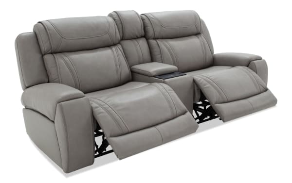 Dynamic Gray Leather 93'' Bluetooth Audio Power Reclining Console Loveseat with gray leather upholstery, transitional style, dual power recliners, memory foam cushions, cup holders, and built-in wireless charging and USB ports.