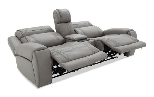 Dynamic Gray Leather 93'' Bluetooth Audio Power Reclining Console Loveseat in gray leather with transitional style, power headrests, reclining seats, storage console, wireless charging, USB ports, and cup holders.