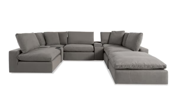 Dream Gray 144" 8-piece modular sectional sofa in gray polyester fabric, transitional style with USB/USB-C ports, reversible cushions, and power recline.