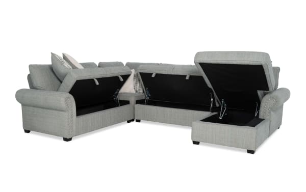 Light blue Playlist Max Spa 126'' 4-piece right arm facing chaise sectional in traditional style, polyester fabric with storage compartments and USB/USB-C ports.