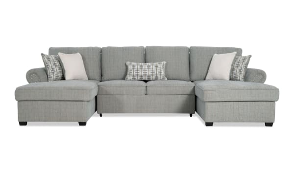 Playlist Max Spa Blue 125'' 3-piece traditional dual chaise sectional in light blue polyester fabric with pop-up sleeper, memory foam cushions, and built-in USB/USB-C ports.