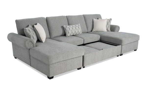 Light blue Playlist Max Spa 125" 3-piece traditional fabric polyester sectional with dual chaise, pop-up sleeper, accent pillows, and built-in USB/USB-C ports.
