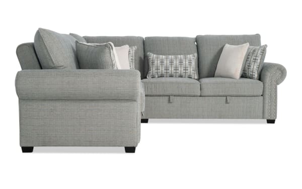 Light blue Playlist Max Spa 96" 3-piece traditional sectional sofa in polyester fabric with accent pillows and built-in USB/USB-C ports.