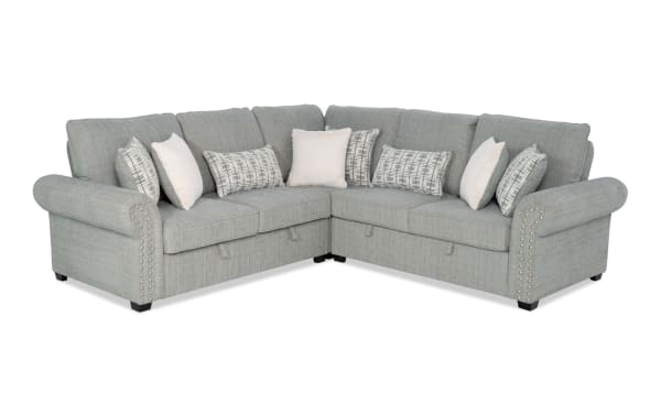 Light blue Playlist Max Spa Blue 96'' 3-piece traditional sectional sofa with polyester fabric, accent pillows, and built-in USB/USB-C charging ports.