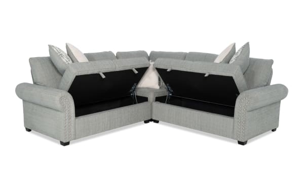 Playlist Max Spa Blue 96" 3-piece traditional sectional sofa in light blue polyester fabric with storage compartments and accent pillows, featuring built-in USB and USB-C ports for device charging.