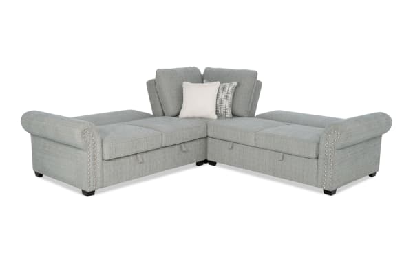 Playlist Max Spa Blue 96'' 3-piece traditional sectional sofa in light blue polyester fabric with rolled arms, accent pillows, and built-in USB/USB-C ports for device charging.