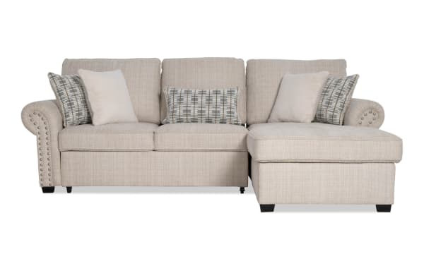 Playlist Max Beige 97'' 2-piece right arm facing pop-up sleeper chaise sectional in traditional beige polyester fabric with accent pillows and USB/USB-C ports.