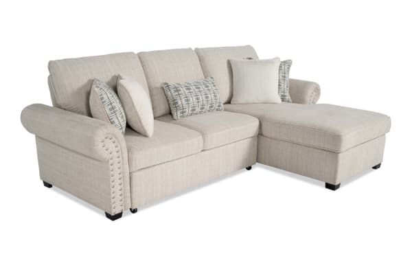 Playlist Max Beige 97'' 2-piece right arm facing traditional fabric sectional with pop-up sleeper chaise, memory foam cushions, and built-in USB/USB-C ports.