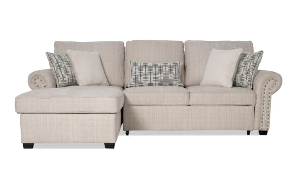 Playlist Max Beige 97'' 2-piece left arm facing chaise sectional in traditional style with beige polyester fabric, accent pillows, pop-up sleeper, and built-in USB/USB-C ports.