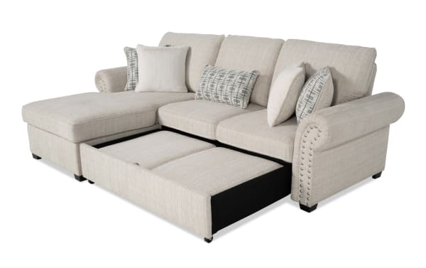 Playlist Max Beige 97'' 2-piece left arm facing chaise sectional in traditional style, beige polyester fabric, with pop-up sleeper and built-in USB/USB-C ports.
