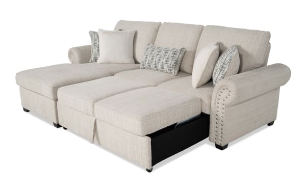 Playlist Max Beige 97'' 2-piece left arm facing chaise sectional in traditional beige polyester fabric with accent pillows, pop-up sleeper, and built-in USB/USB-C ports.
