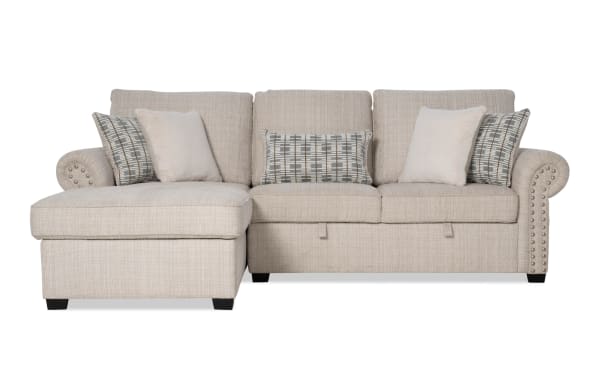Playlist Max Beige 97'' 2-piece left arm facing chaise sectional in beige polyester fabric with traditional rolled arms, accent pillows, and built-in USB/USB-C ports.