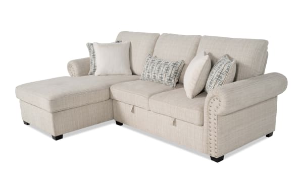 Playlist Max Beige 97'' 2-piece left arm facing chaise sectional in beige polyester fabric, traditional style with accent pillows and USB/USB-C ports.