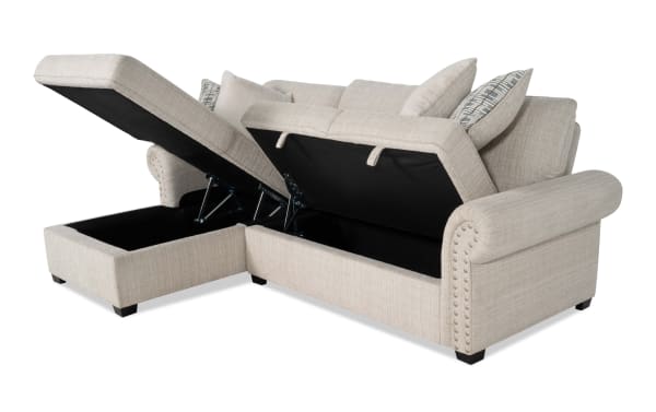 Playlist Max Beige 97'' 2-piece left arm facing chaise sectional in traditional beige polyester fabric with storage compartments and accent pillows.
