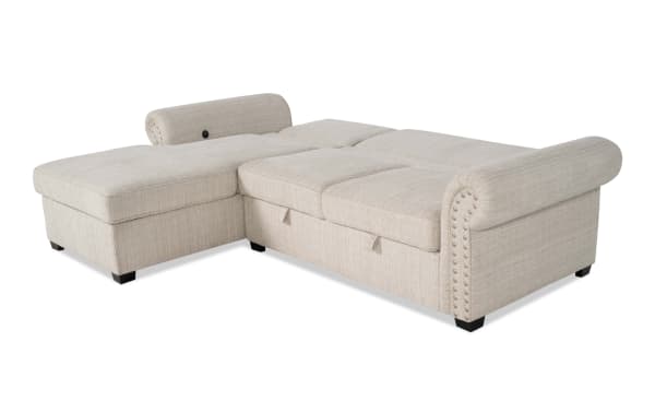 Playlist Max beige 97" two-piece left arm facing chaise sectional with traditional rolled arms, beige polyester fabric, memory foam cushions, and built-in USB/USB-C ports.