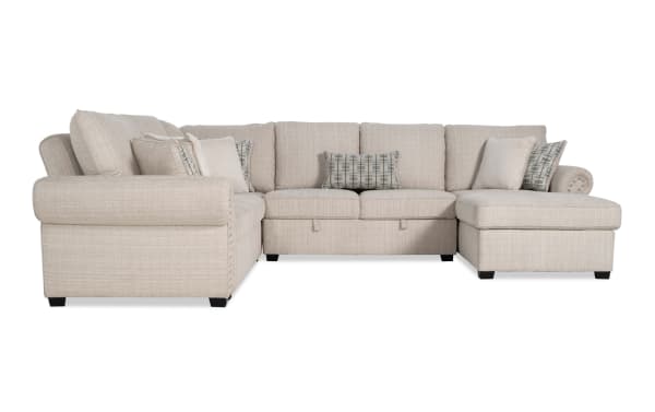 Playlist Max beige 126" 4-piece right arm facing pop-up sleeper chaise sectional with storage armless loveseat, polyester fabric, traditional style, USB/USB-C ports, and accent pillows.