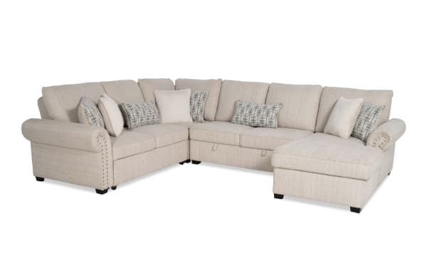 Playlist Max beige 126" 4-piece right arm facing pop-up sleeper chaise sectional with storage, armless loveseat, USB and USB-C ports, traditional style, polyester fabric upholstery.