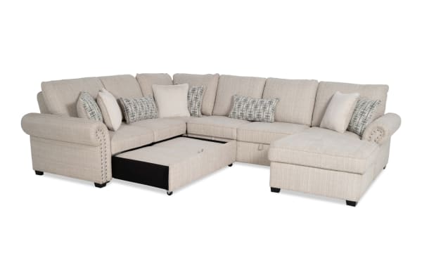 Playlist Max beige 126" 4-piece traditional fabric polyester sectional with right arm pop-up sleeper chaise, storage armless loveseat, accent pillows, and built-in USB/USB-C ports.