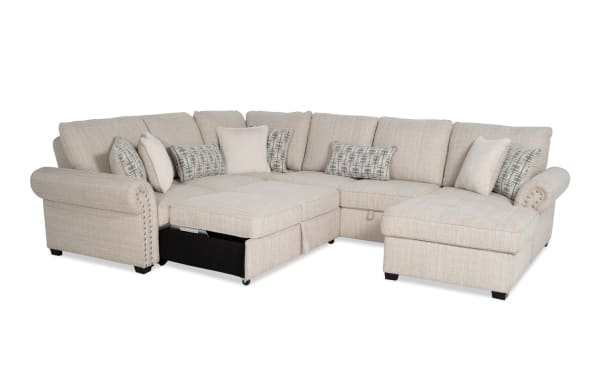 Playlist Max Beige 126'' 4-piece traditional fabric polyester sectional with right arm pop-up sleeper chaise, storage armless loveseat, accent pillows, and built-in USB/USB-C ports.