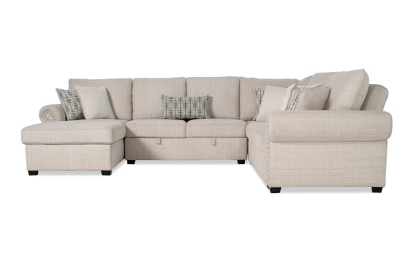 Playlist Max beige 126" 4-piece left-arm chaise sectional with polyester fabric, traditional style, pop-up sleeper, armless storage loveseat, accent pillows, and built-in USB/USB-C ports.