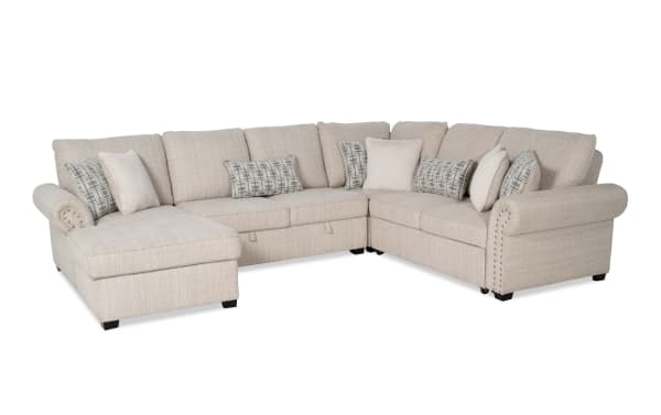 Playlist Max beige 126" 4-piece left arm chaise sectional with pop-up sleeper, armless storage loveseat, USB & USB-C ports, polyester fabric upholstery.