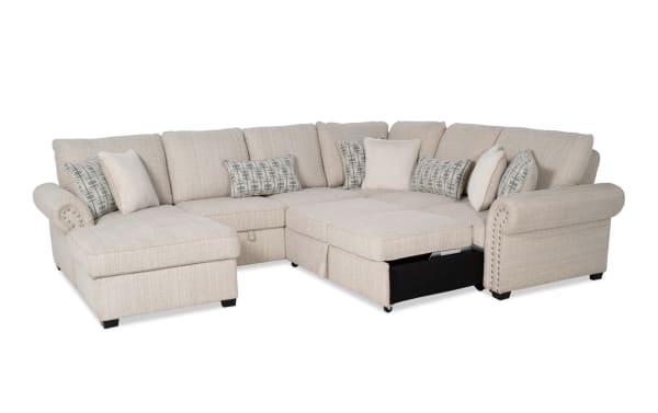 Playlist Max Beige 126'' 4-piece left arm chaise sectional with pop-up sleeper, armless storage loveseat, USB/USB-C ports, beige polyester fabric, traditional style.