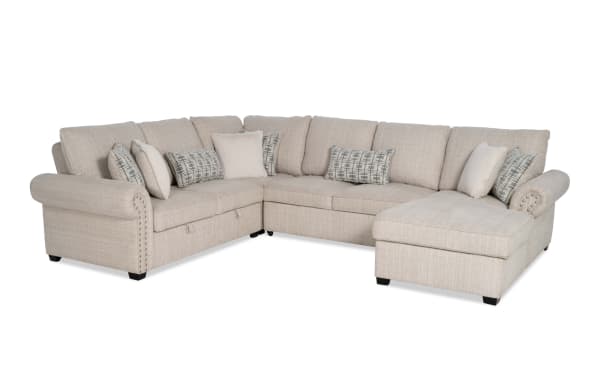 Playlist Max Beige 126" 4-piece right arm facing chaise sectional in traditional beige polyester fabric, featuring pop-up sleeper, storage loveseat, accent pillows, memory foam cushions, and built-in USB/USB-C ports for device charging.