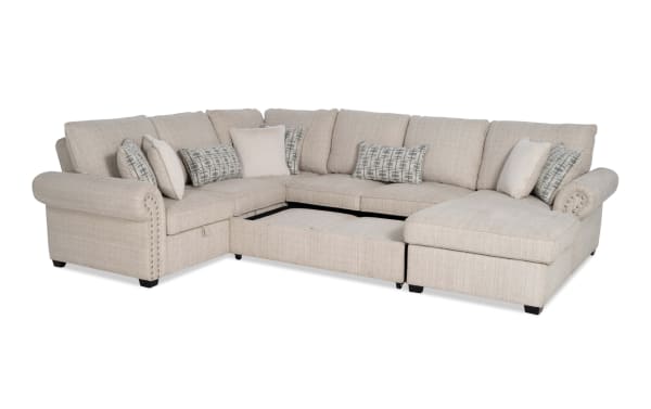 Playlist Max Beige 126" 4-piece right arm facing chaise sectional with beige polyester fabric, traditional style, pop-up sleeper, storage loveseat, accent pillows, and built-in USB/USB-C ports for device charging.